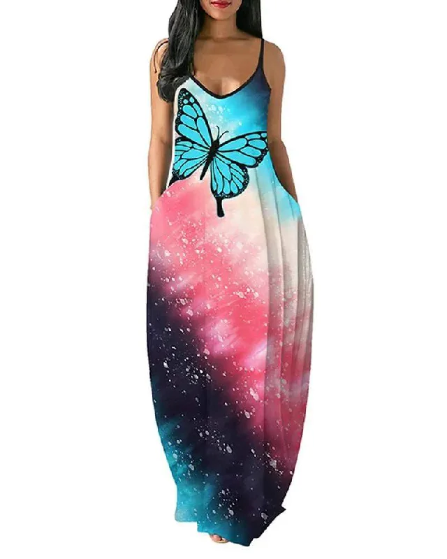 BUTTERFLY TIE DYE PRINT SPAGHETTI STRAP CASUAL DRESS Breathable unclassified dresses