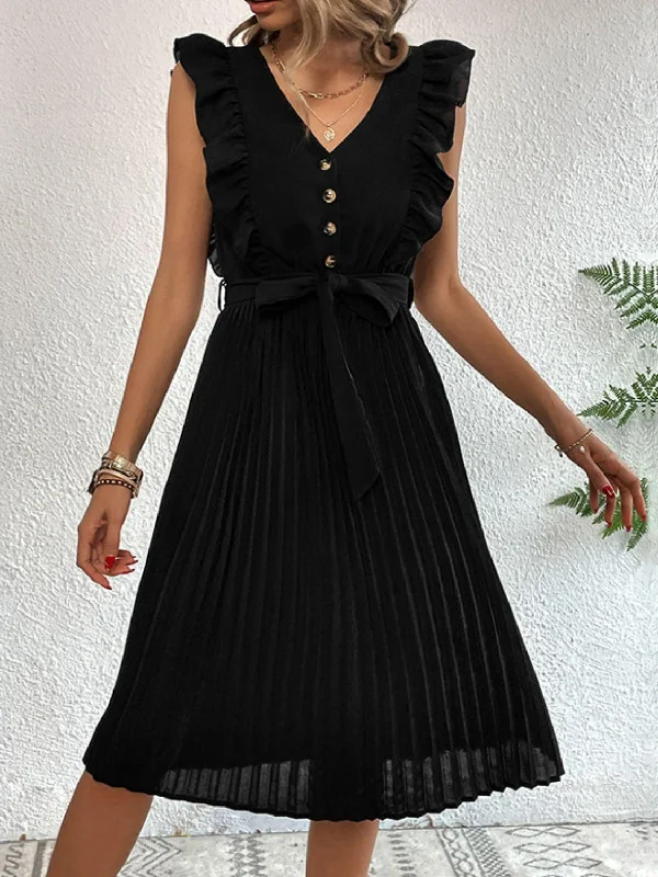 Buttoned Ruffle Trim Belted Pleated Knee Length Dress Chic unclassified dresses