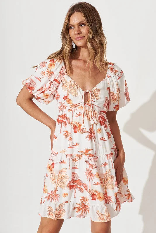 Cara Dress In White With Red Tropical Palm Print Date night unclassified dresses