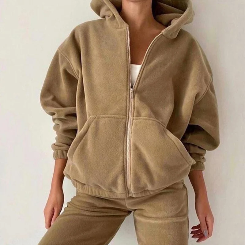 Casual Women Tracksuit Autumn Winter Fleece Hoodie Two Piece Sets Hooded Zipper Outerwear And Harem Pant Suit Streetwear Casual chic unclassified dresses