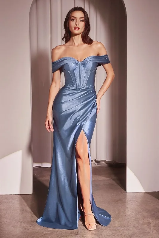 Cinderella Divine -CD370 Off Shoulder Corset Satin Sheath Dress Discounted unclassified dresses