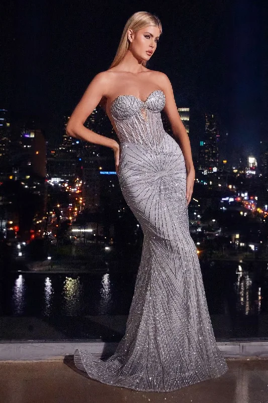 Cinderella Divine -J871 Strapless Silver Embellished Gown Pastel unclassified dresses