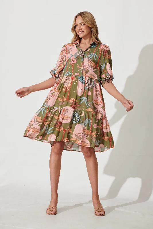 Cleveland Smock Dress In Khaki With Pink Print Wrap unclassified dresses