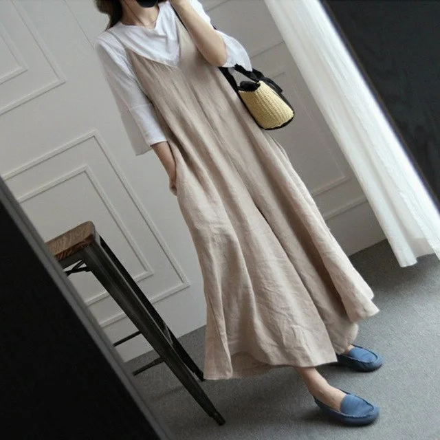 Preppy Style Ladies Rompers Cotton Linen Women Summer Vintage Jumpsuits Mori V-neck Vintage Loose Overalls Playsuits Casual chic unclassified dresses