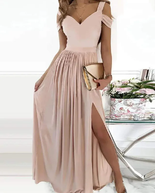 COLD SHOULDER RUCHED HIGH SLIT EVENING DRESS One-shoulder unclassified dresses