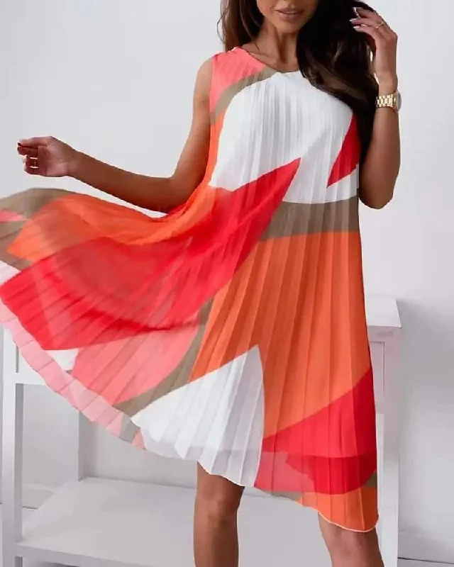 COLORBLOCK CHIFFON PLEATED FLOWY SWING DRESS Casual unclassified dresses