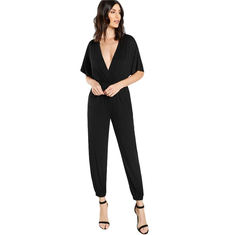 Deep V Neck Batwing Sleeve Mid Waist Jumpsuit Black Elastic Waist And Leg Kimono Jumpsuit Women Casual Jumpsuit Chiffon unclassified dresses