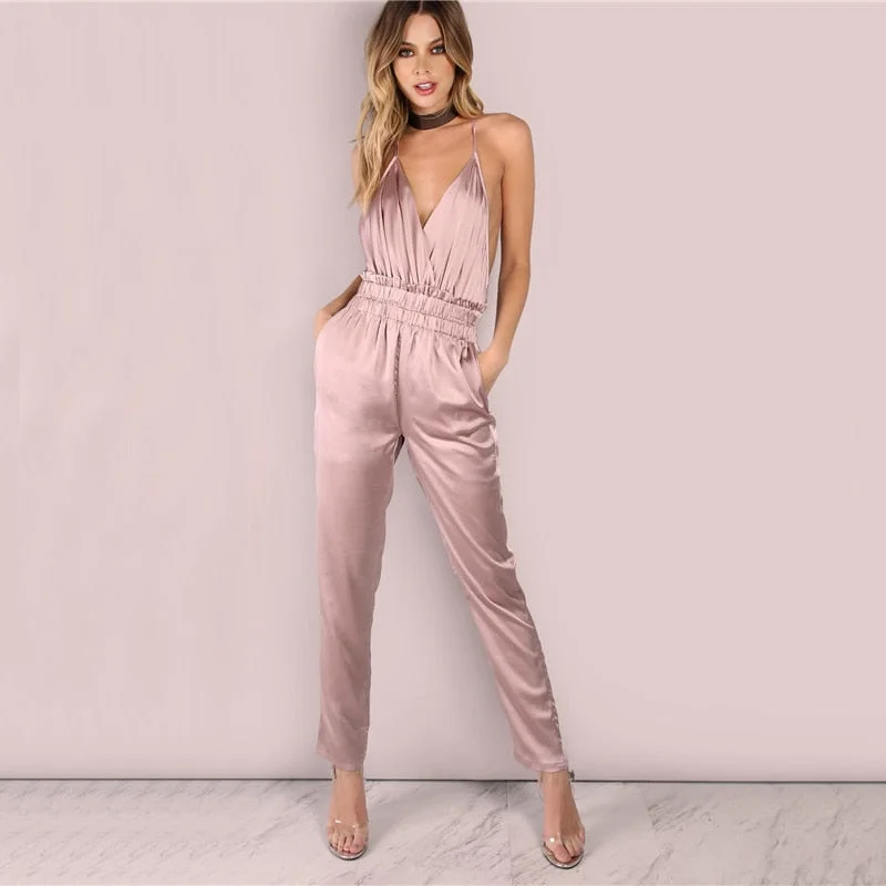 Dusty Pink Satin Slip Jumpsuit Sexy Cross Low Back Women Summer Jumpsuits 2022 New Ruffle Strap Casual Elegant Jumpsuit Silk unclassified dresses