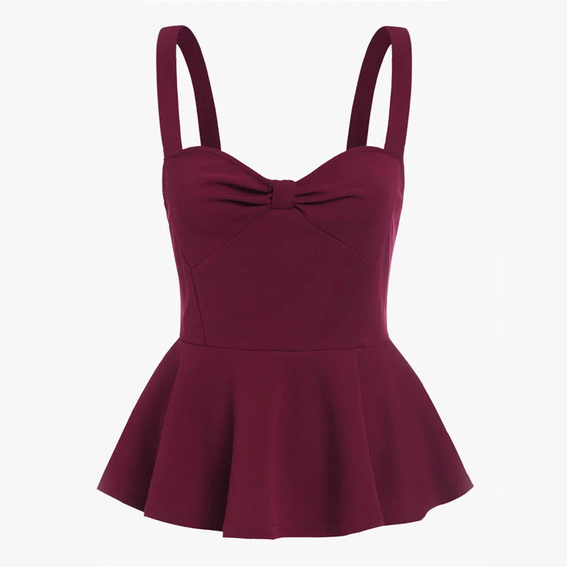 Knot Sweetheart Peplum Cami Top Sexy Cute Burgundy Women Sleeveless Slim Tops 2022 Fashion Casual Strap Ruffle Camisole Gothic unclassified dresses