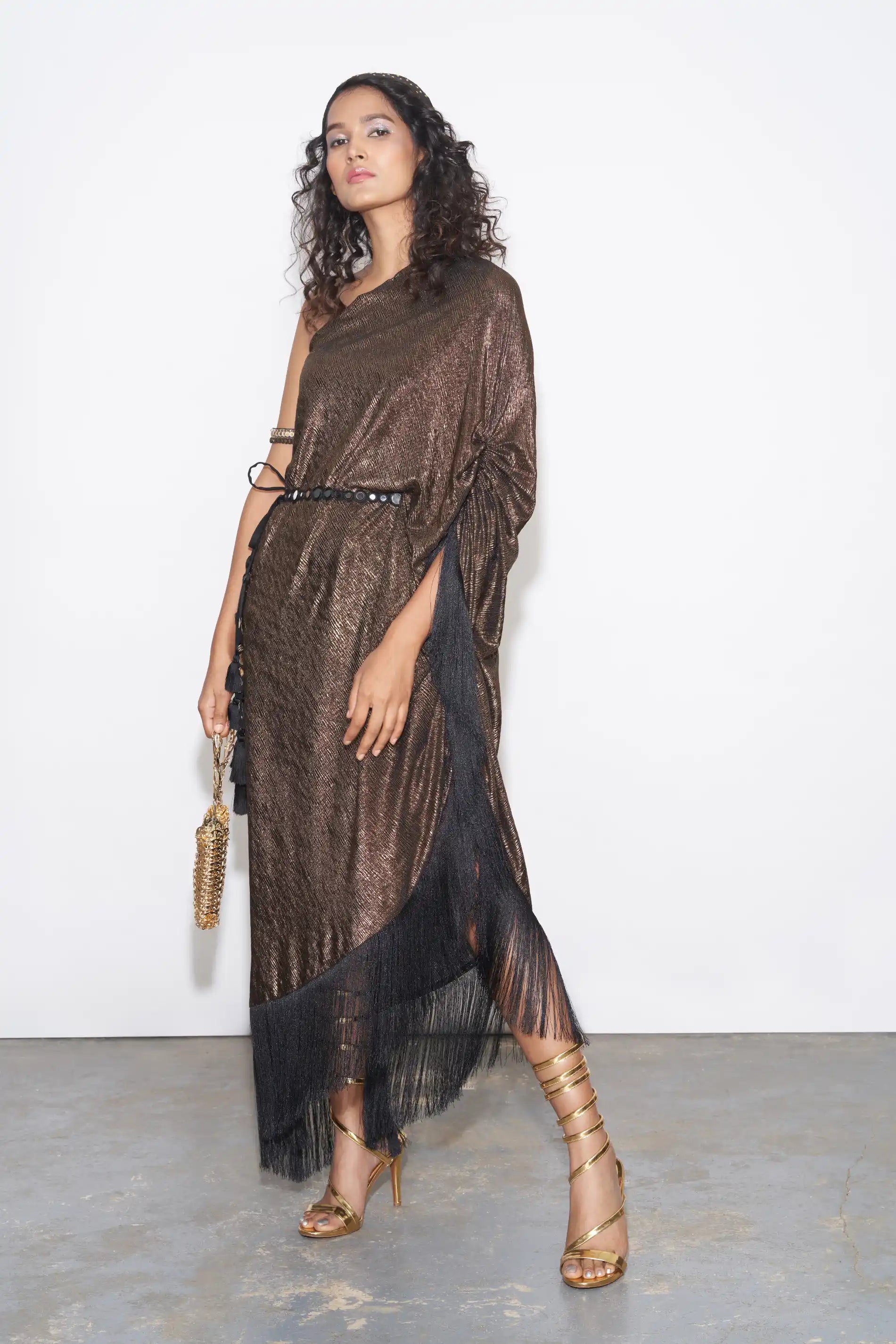 Copper Metallic One shoulder Kaftan With Belt Street style unclassified dresses