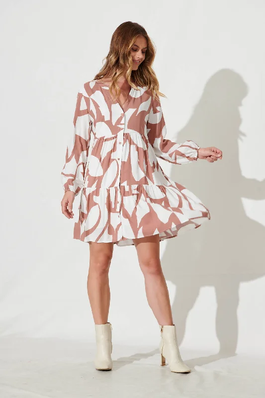 Cozumel Smock Dress In Tan And Cream Geometric Print Graduation unclassified dresses