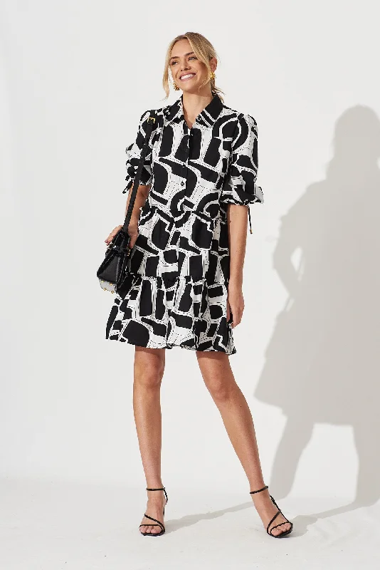 Daydream Smock Dress In Black With White Print Cotton Metallic unclassified dresses