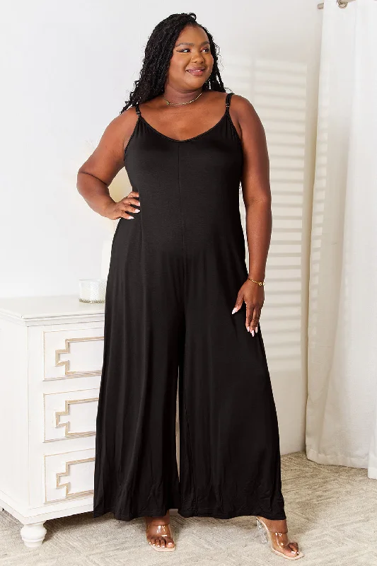 Double Take Full Size Soft Rayon Spaghetti Strap Tied Wide Leg Jumpsuit Dark color unclassified dresses