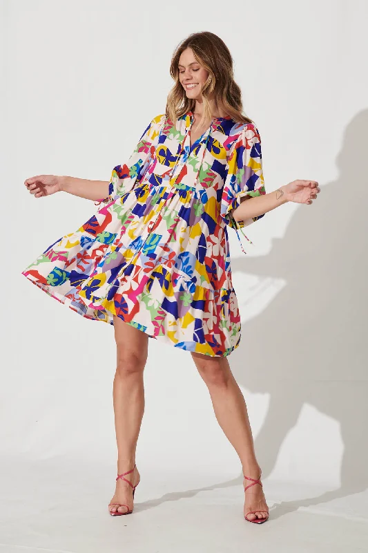 Emelyn Smock Dress In Bright Multi Leaf Print Bright color unclassified dresses