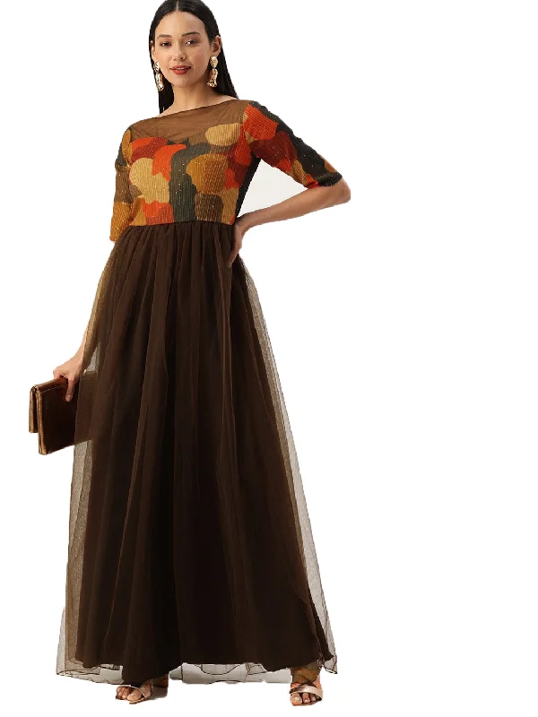 Multicolored Embroidered & Brown Net Gown Striped unclassified dresses