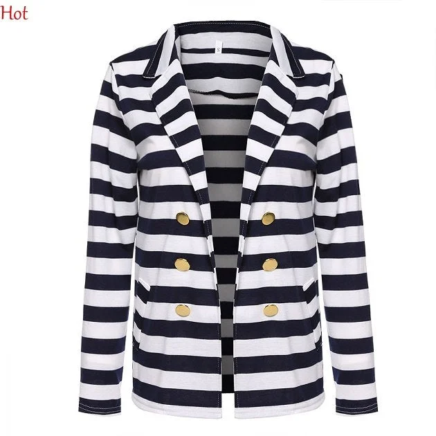 Fashion Striped Blazers Slim Casual Business Suit Lapel Cardigan Coat Office Ladies Clothing Outwear Knitted Blazer SVH031404 Striped unclassified dresses