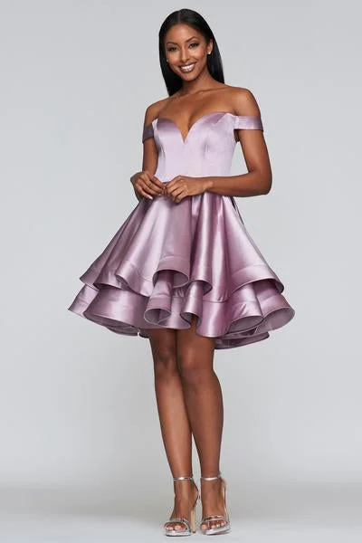 Faviana - Plunging Off-Shoulder Satin A-line Dress S10364SC Neutral tone unclassified dresses