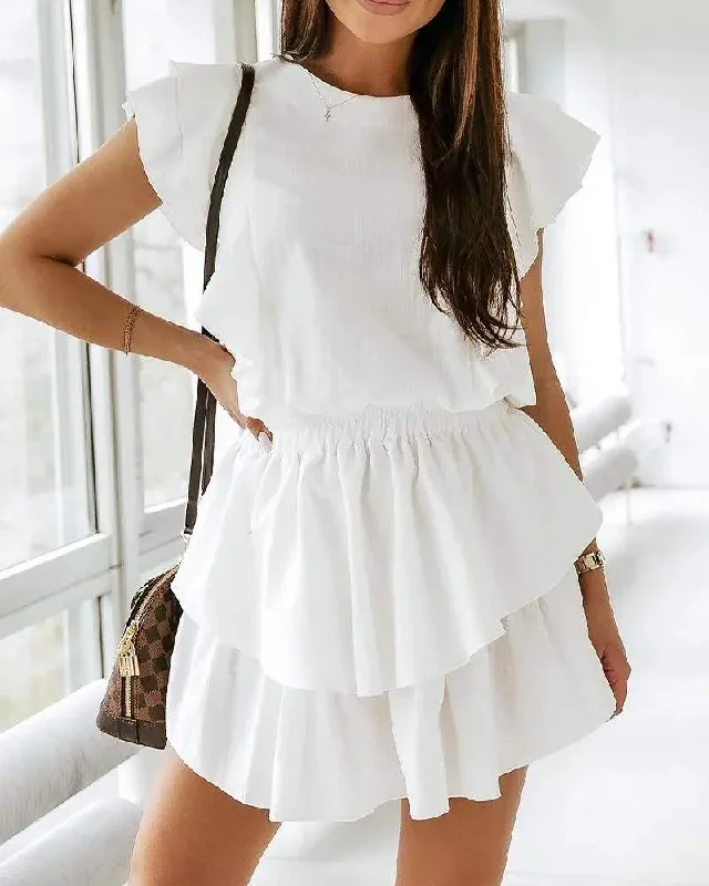 FLUTTER SLEEVE RUFFLE HEM CASUAL DRESS Bright color unclassified dresses