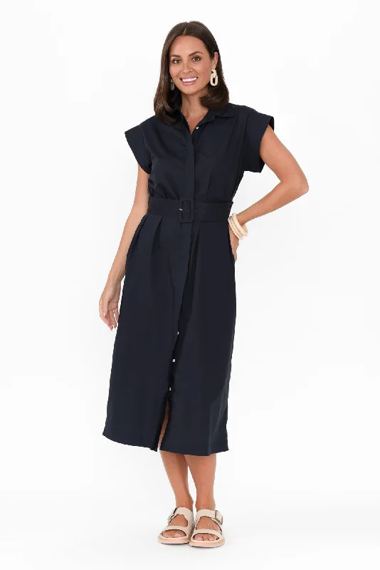 Gail Navy Cotton Belted Dress Sequin unclassified dresses