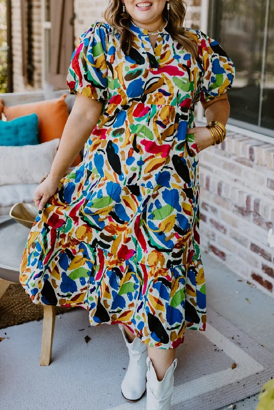 Green Abstract Print Notch Neck Bubble Sleeve Plus Dress Plus size unclassified dresses