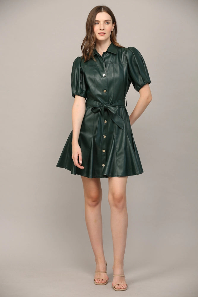 Hunter Green Faux Leather Flared Dress Embroidered unclassified dresses