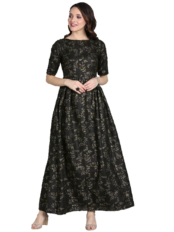 Black Printed Rayon Boat Neck Gown Mesh unclassified dresses