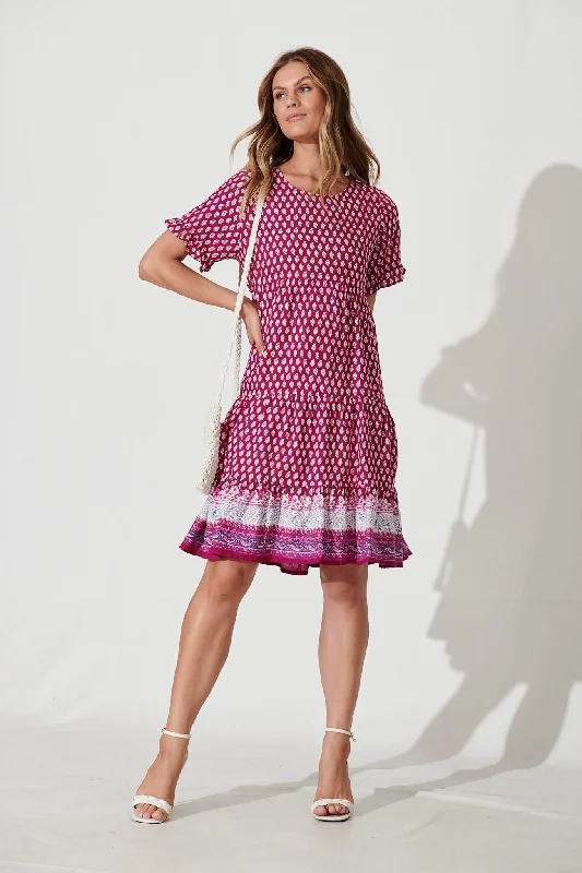 Jacklyn Smock Dress In Magenta Border Print Beaded unclassified dresses