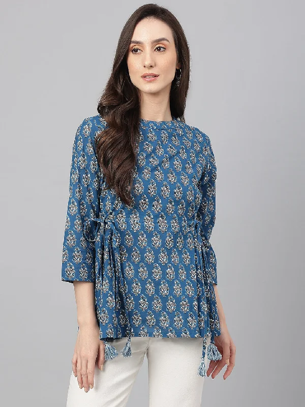 True Blue Cotton Tunic Top with Waist Tassels Dark color unclassified dresses