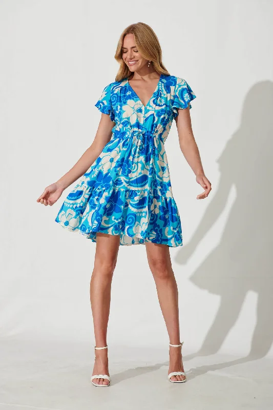 Jess Dress In Blue Flower Print Earthy tone unclassified dresses