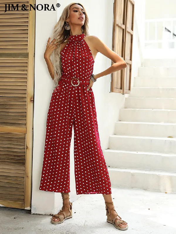 JIM & NORA Summer Wide Leg Jumpsuit Women Sleeveless Halter Neck Loose Casual Rompers Holiday Polka Dots Playsuit Cotton unclassified dresses