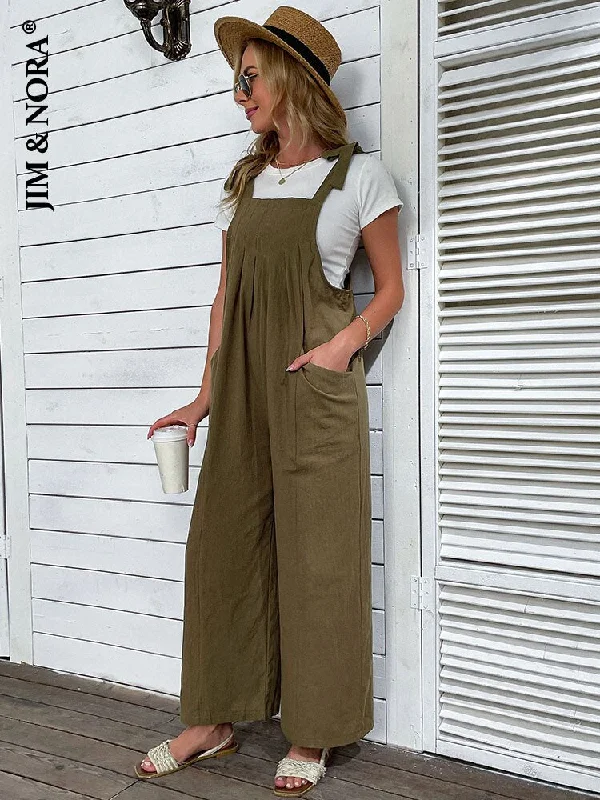 JIM & NORA Women Army Green Rompers Summer Ladies Casual Clothes Loose Jumpsuit Playsuit Trousers Overalls Satin unclassified dresses