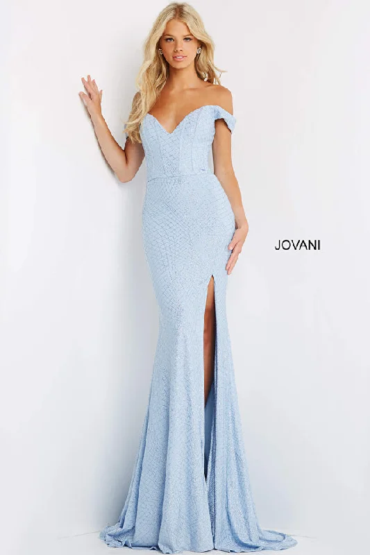 Jovani -JVN06281 Glitter Off Shoulder V-Neck Prom Dress Floral unclassified dresses