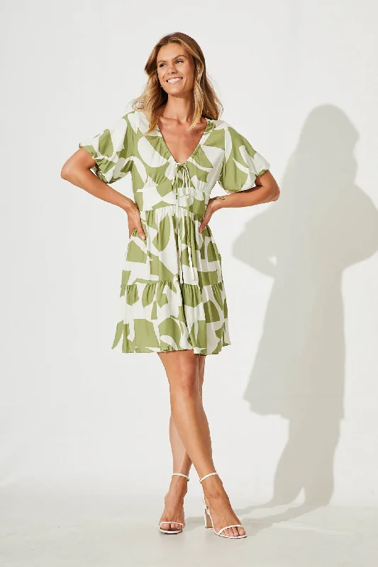 Julieta Dress In Olive And Cream Geometric Print Trendy new unclassified dresses