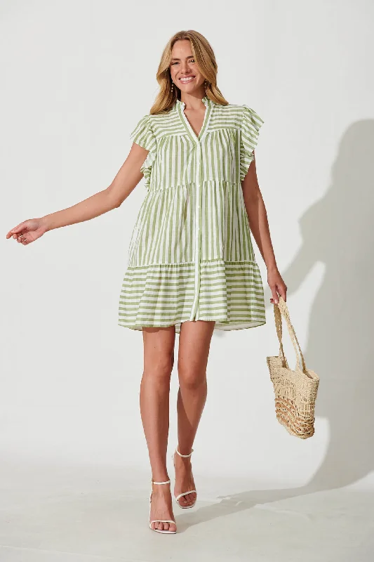 Julius Smock Dress In Green With White Stripe Cotton Linen Blend Ruched unclassified dresses