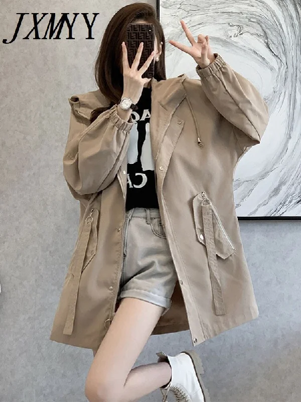 imCharms 2023 Autumn And Winter Windbreaker Women's Mid-Length Thin Solid Color Simple Temperament Coat Casual Hooded Formal unclassified dresses