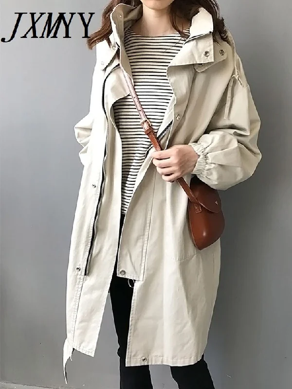 imCharms 2023 Autumn Khaki Hooded Trench Coat Women's Mid-Length Korean Version Casual Simple Chic Coat Open-back unclassified dresses