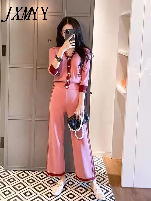 imCharms 2023 Pink Trousers Suit Temperament Autumn Elegant Temperament Women's Knitted Casual Two-Piece Suit Preppy unclassified dresses