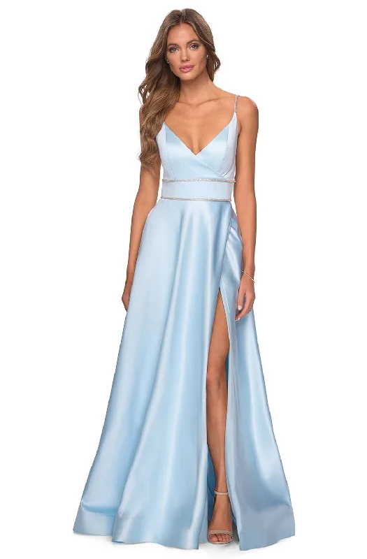 La Femme - 28385SC Strappy Backless Beaded Waist High Slit Prom Dress Mesh unclassified dresses