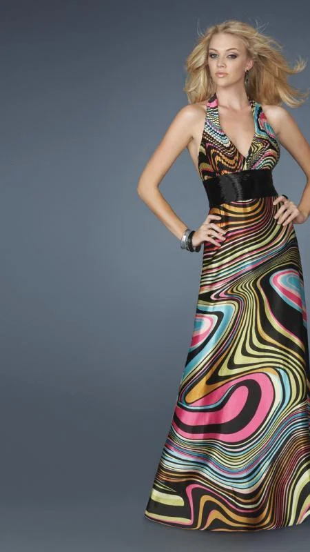 La Femme - Halter V-neck Multi-color Empire Dress with belt 14369 Holiday unclassified dresses