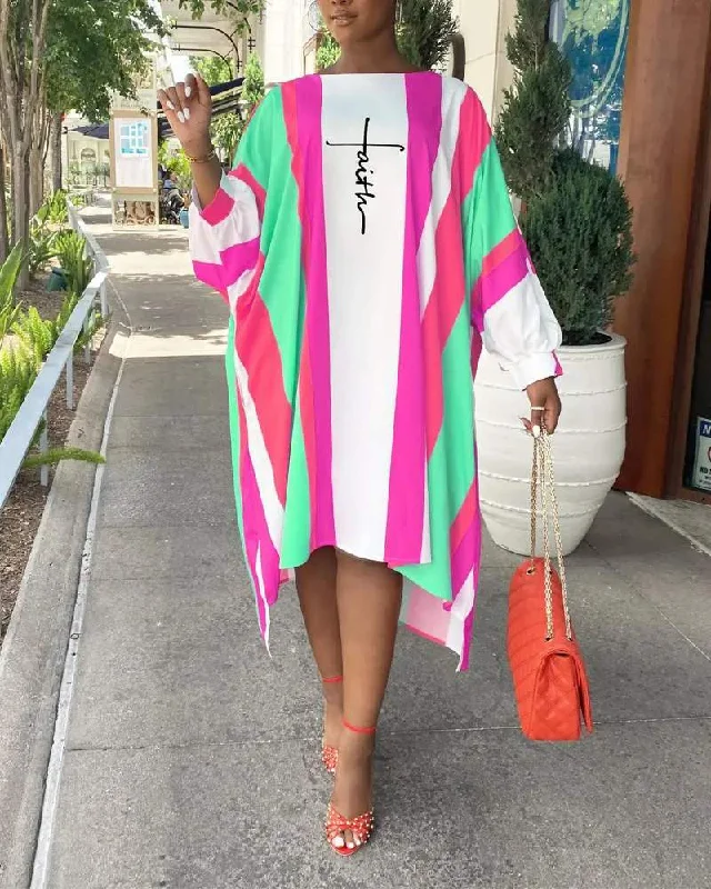 LETTER PRINT COLORBLOCK LANTERN SLEEVE CASUAL DRESS Luxury unclassified dresses