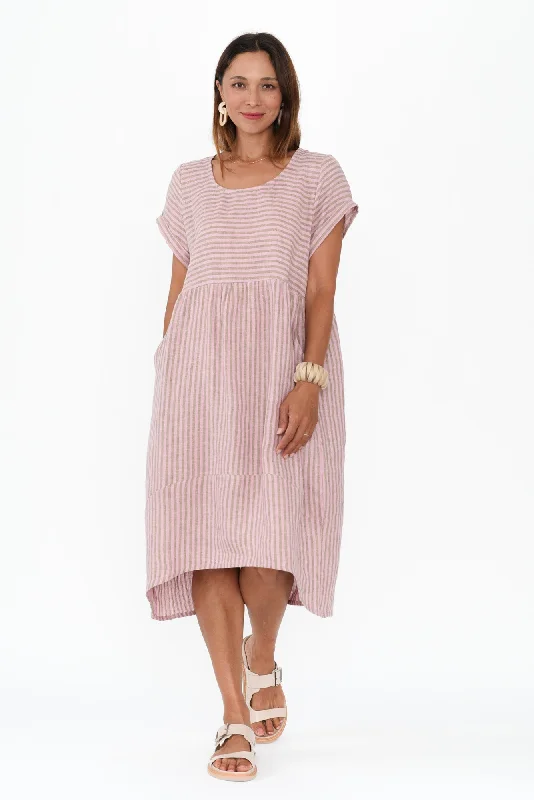 Liana Beige Stripe Linen Dress Polka dot unclassified dresses