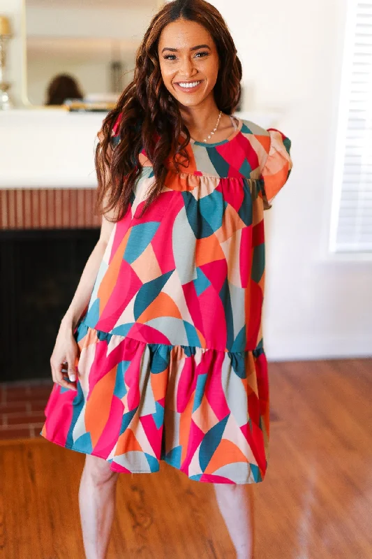 Stand Out Magenta & Teal Geometric Yoke Woven Dress Spring unclassified dresses