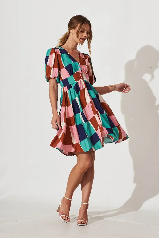 Marina Dress In Multi Abstract Squares Print A-line unclassified dresses