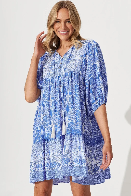 Martini Smock Dress In Blue Leaf Border Print High-low unclassified dresses