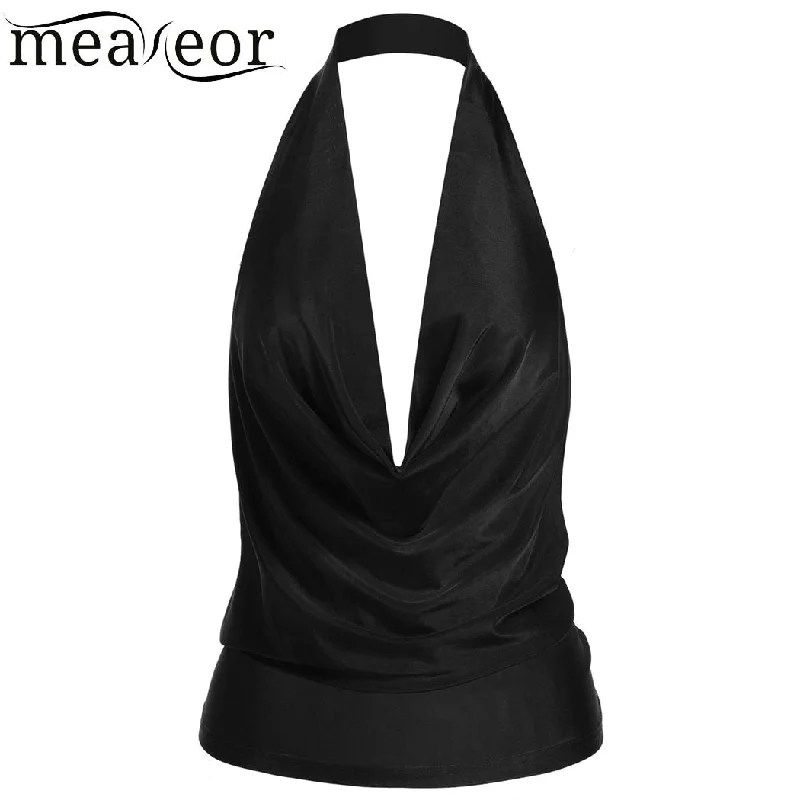 Halter Pleated Solid Backless Sexy Tops Women Deep V-Neck Sleeveless Top Clothes Casual Summer Tops Female Clothing Smocked unclassified dresses