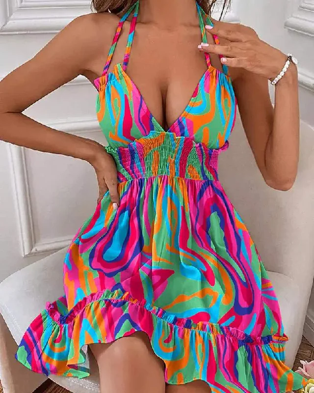 MULTI COLOR ABSTRACT PRINT SHIRRED RUFFLES HALTER CASUAL DRESS Flowy unclassified dresses