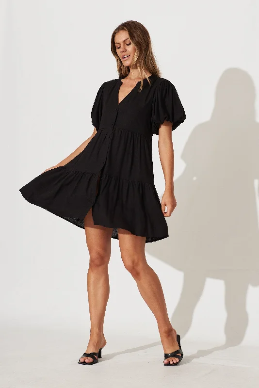 Nadine Smock Dress In Black Linen Blend Earthy tone unclassified dresses