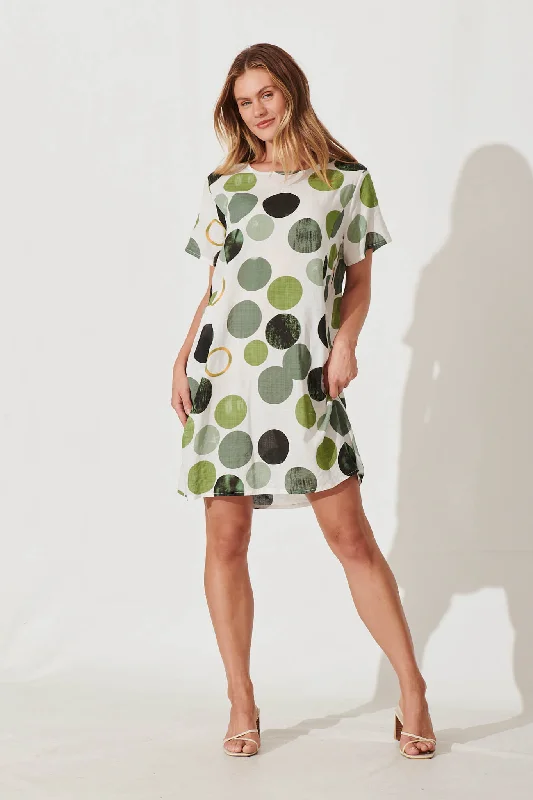 Nectar Smock Dress In White With Green Polka Dot Cotton Blend Pastel unclassified dresses