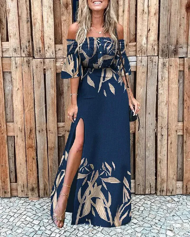 OFF SHOULDER SHIRRED LEAF PRINT HIGH SLIT DRESS Satin unclassified dresses