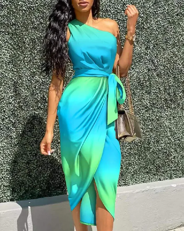 OMBRE RUCHED ONE SHOULDER BELTED SLIT DRESS Ruffled unclassified dresses